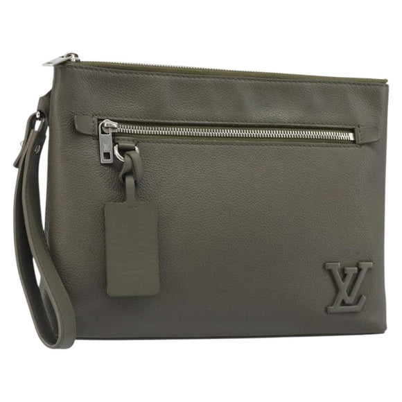 LOUIS VUITTON Takeoff Pouch Clutch Bag Leer Grijs M81735 LV Auth 186227M