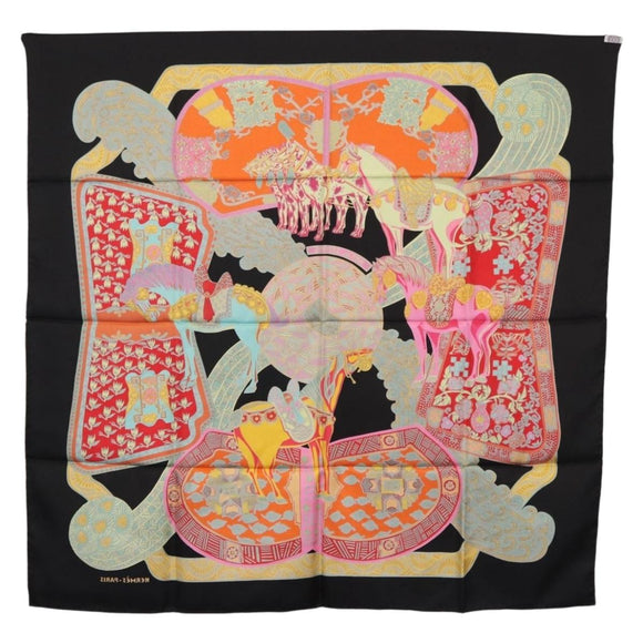 HERMES Carre 90 Scarf ""ART des STEPPES"" Silk Black Auth 186251M