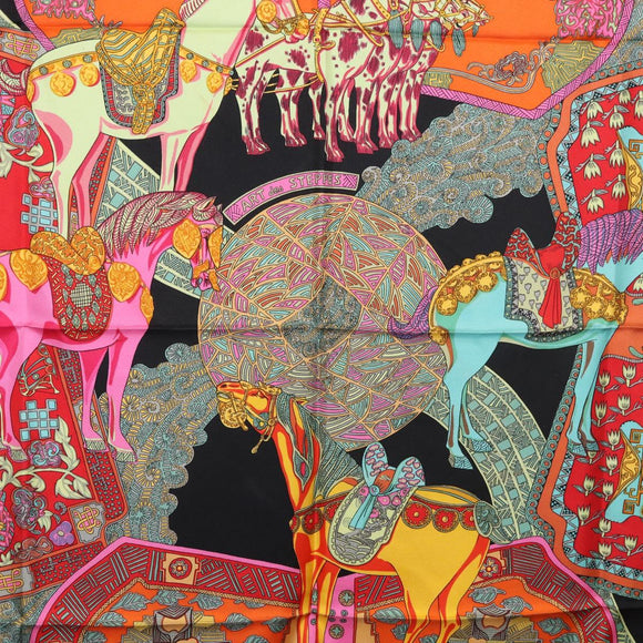 HERMES Carre 90 Scarf ""ART des STEPPES"" Silk Black Auth 186251M