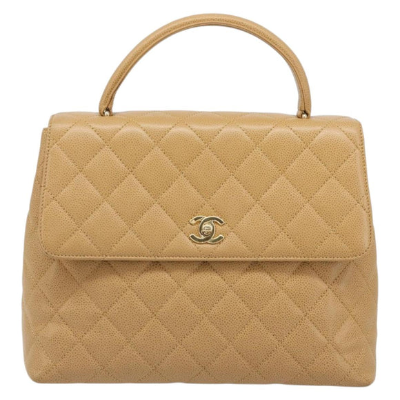 CHANEL Matelasse Hand Bag Caviar Skin Beige Gold CC Auth 186257V