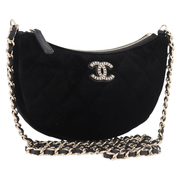 CHANEL Matelasse Chain Shoulder Bag Velor Black Gold CC Auth 186258SM