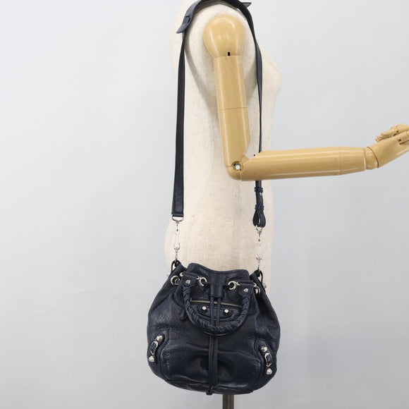 BALENCIAGA Giant Mini Pom Pom Hand Bag Leather 2way Navy Silver Auth 186261SM