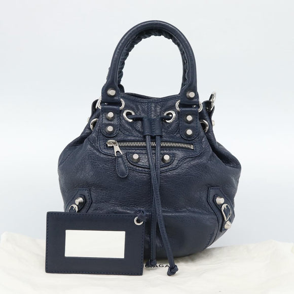 BALENCIAGA Giant Mini Pom Pom Hand Bag Leather 2way Navy Silver Auth 186261SM