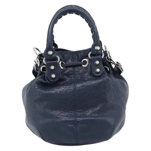 BALENCIAGA Giant Mini Pom Pom Hand Bag Leather 2way Navy Silver Auth 186261SM