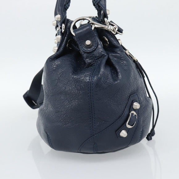 BALENCIAGA Giant Mini Pom Pom Hand Bag Leather 2way Navy Silver Auth 186261SM
