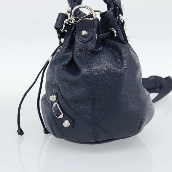 BALENCIAGA Giant Mini Pom Pom Hand Bag Leather 2way Navy Silver Auth 186261SM