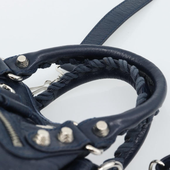 BALENCIAGA Giant Mini Pom Pom Hand Bag Leather 2way Navy Silver Auth 186261SM