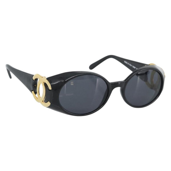 CHANEL COCO Mark Sunglasses Plastic Black Gold CC Auth 186284M