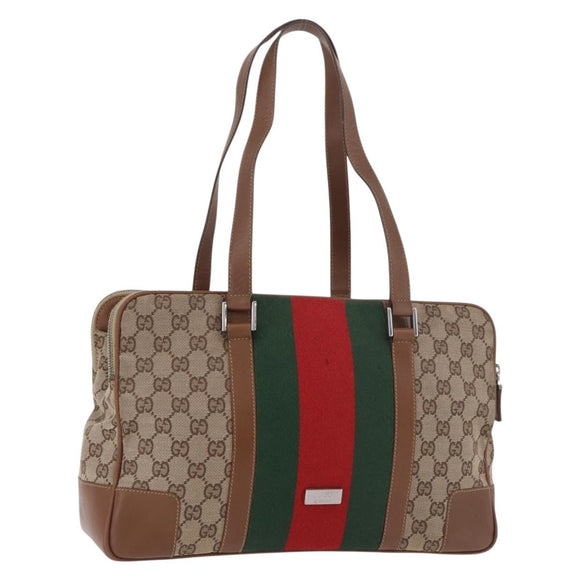 GUCCI GG Canvas Web Sherry Line Tote Bag Beige Silver Red Auth 186307