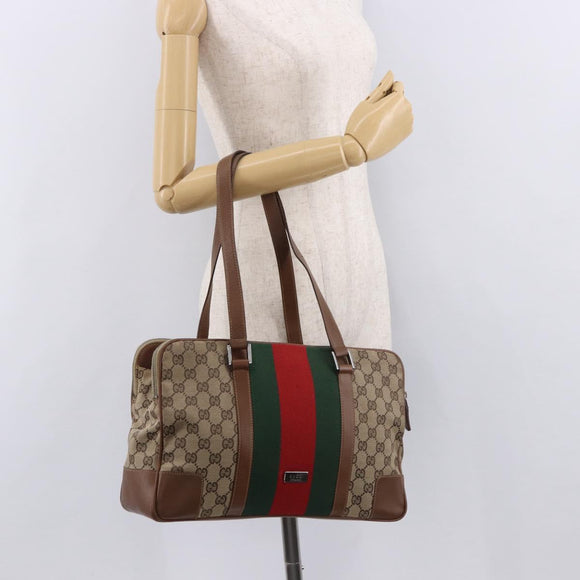 GUCCI GG Canvas Web Sherry Line Tote Bag Beige Silver Red Auth 186307