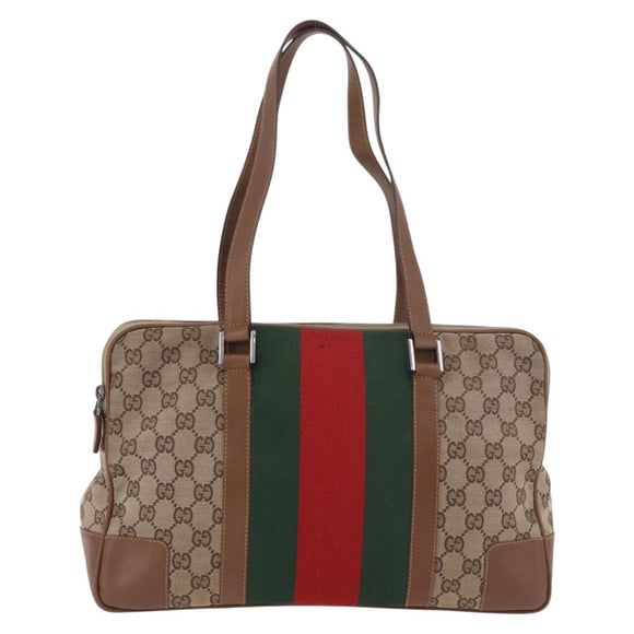 GUCCI GG Canvas Web Sherry Line Tote Bag Beige Silver Red Auth 186307