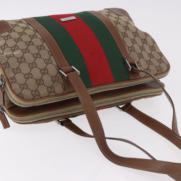 GUCCI GG Canvas Web Sherry Line Tote Bag Beige Silver Red Auth 186307