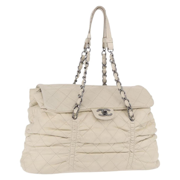 CHANEL Chain Matelasse Shoulder Bag Lamb Skin Ivory Silver CC Auth 186310