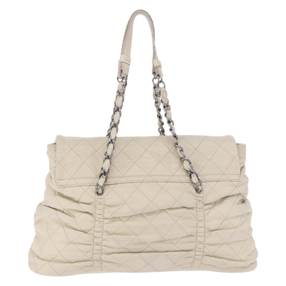 CHANEL Chain Matelasse Shoulder Bag Lamb Skin Ivory Silver CC Auth 186310