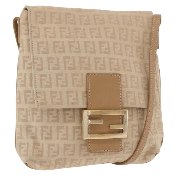 FENDI Zucchino Canvas Mamma Baguette Schoudertas Beige Goud Auth 186319A
