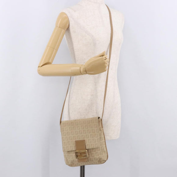 FENDI Zucchino Canvas Mamma Baguette Schoudertas Beige Goud Auth 186319A