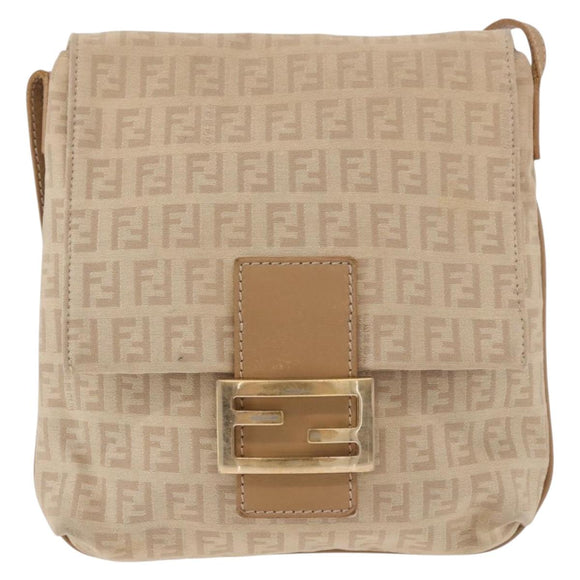 FENDI Zucchino Canvas Mamma Baguette Schoudertas Beige Goud Auth 186319A