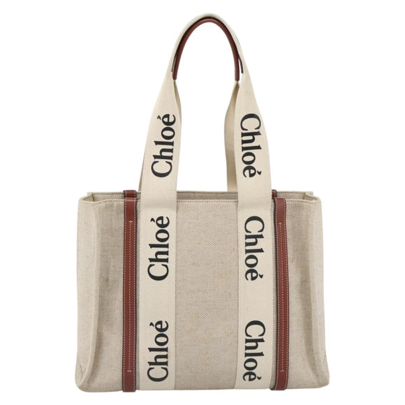 Chloe Woody Tote Bag Canvas Beige Auth 186322A