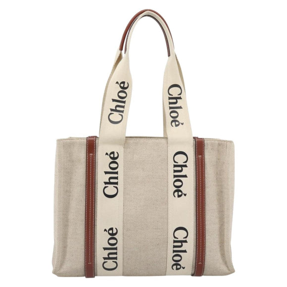 Chloe Woody Tote Bag Canvas Beige Auth 186322A