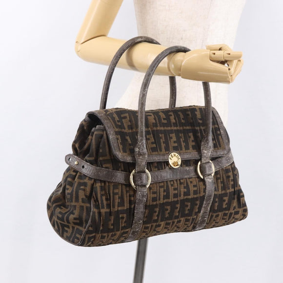 FENDI Zucca Canvas Hand Bag Black Brown Auth 186332