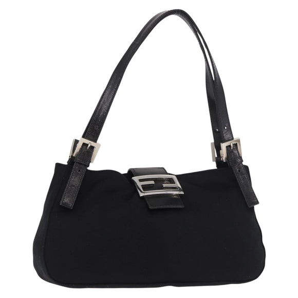 FENDI Mamma Baguette Shoulder Bag Cotton jersey Black Silver Auth 186336