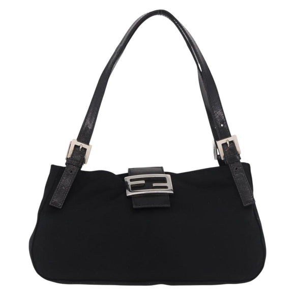 FENDI Mamma Baguette Shoulder Bag Cotton jersey Black Silver Auth 186336