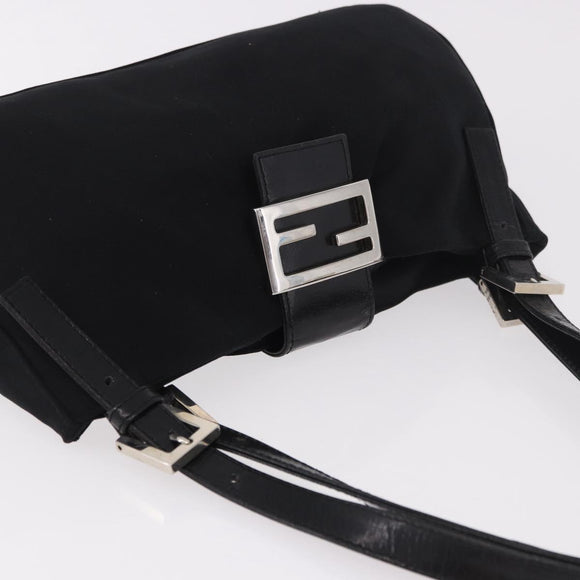 FENDI Mamma Baguette Shoulder Bag Cotton jersey Black Silver Auth 186336