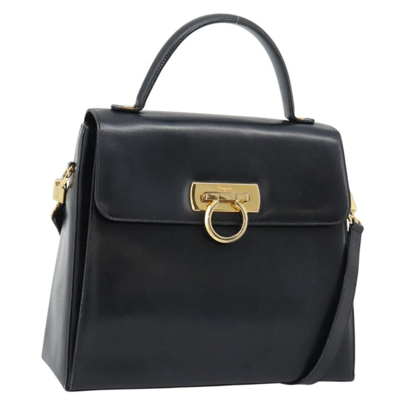 Salvatore Ferragamo Gancini Hand Bag Leather 2way Black Gold Auth 186374