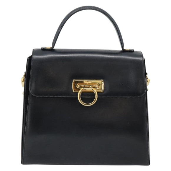 Salvatore Ferragamo Gancini Hand Bag Leather 2way Black Gold Auth 186374