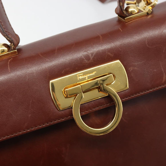 Salvatore Ferragamo Gancini Hand Bag Leather 2way Brown Gold Auth 186375