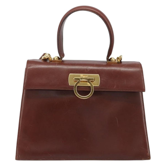 Salvatore Ferragamo Gancini Hand Bag Leather 2way Brown Gold Auth 186375