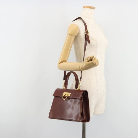 Salvatore Ferragamo Gancini Hand Bag Leather 2way Brown Gold Auth 186375