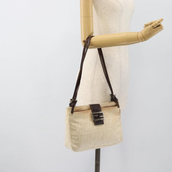 FENDI Zucca Canvas Mamma Baguette Shoulder Bag Beige Silver Auth 186380