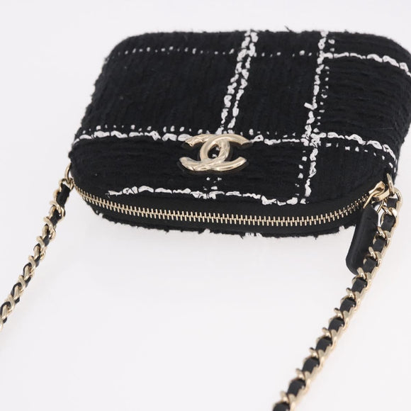 CHANEL Matelasse Chain Shoulder Bag Tweed Black Gold CC Auth 186402M