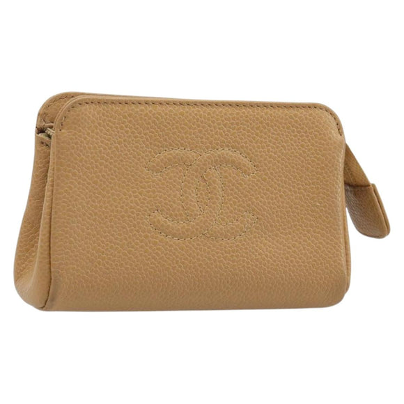 CHANEL COCO Mark Cosmetic Pouch Caviar Skin Beige Gold CC Auth 186407