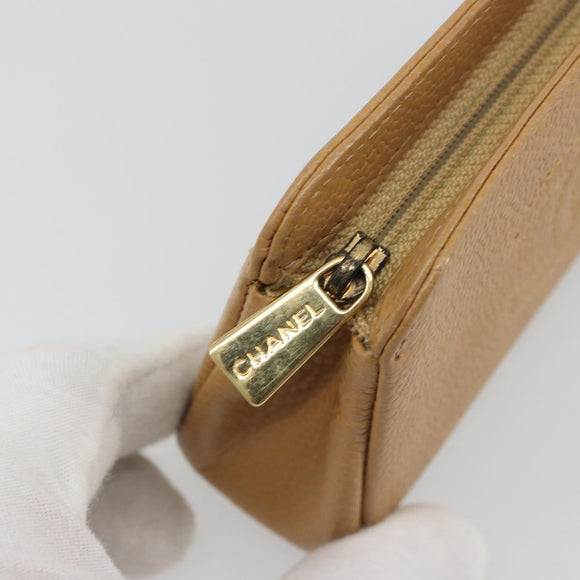 CHANEL COCO Mark Cosmetic Pouch Caviar Skin Beige Gold CC Auth 186407