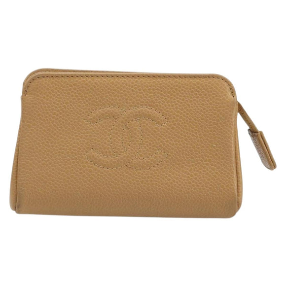 CHANEL COCO Mark Cosmetic Pouch Caviar Skin Beige Gold CC Auth 186407