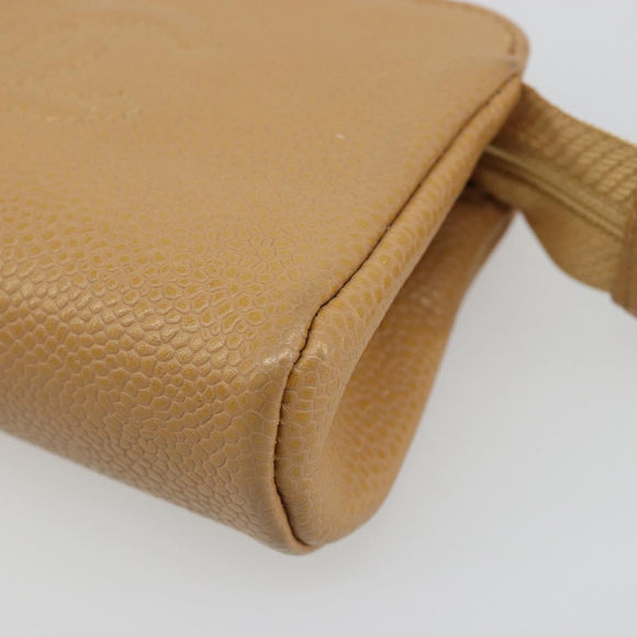 CHANEL COCO Mark Cosmetic Pouch Caviar Skin Beige Gold CC Auth 186407