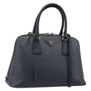 PRADA Hand Bag Safiano Leather 2way Navy Silver Auth 186429A-1