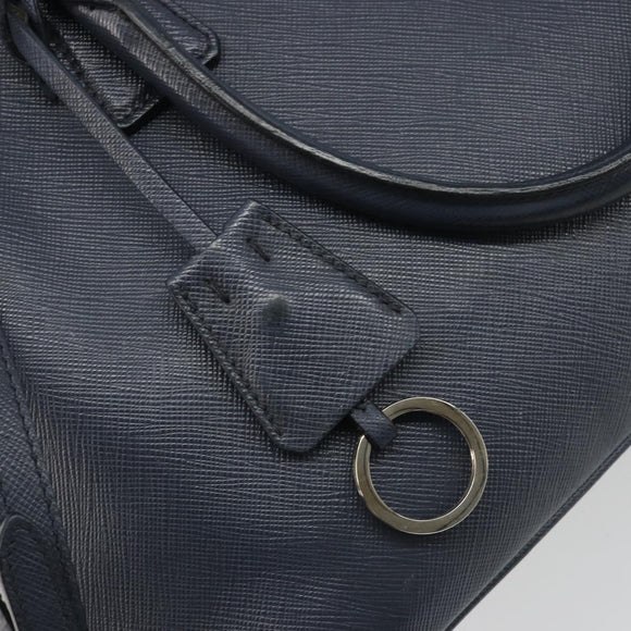 PRADA Hand Bag Safiano Leather 2way Navy Silver Auth 186429A