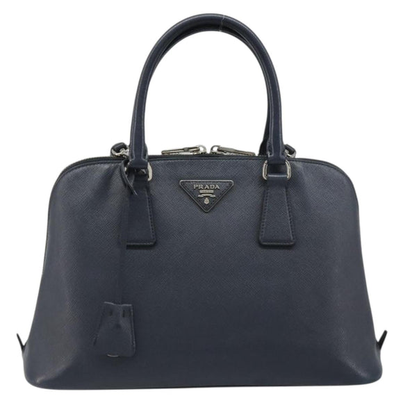 PRADA Hand Bag Safiano Leather 2way Navy Silver Auth 186429A