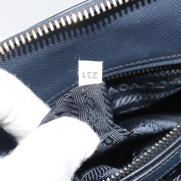 PRADA Hand Bag Safiano Leather 2way Navy Silver Auth 186429A