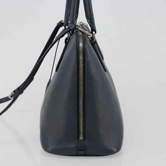 PRADA Hand Bag Safiano Leather 2way Navy Silver Auth 186429A