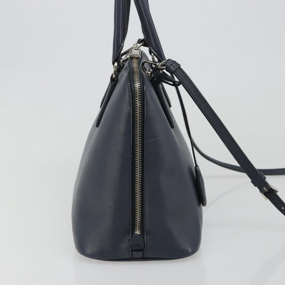 PRADA Hand Bag Safiano Leather 2way Navy Silver Auth 186429A