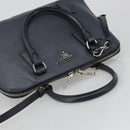 PRADA Hand Bag Safiano Leather 2way Navy Silver Auth 186429A-6
