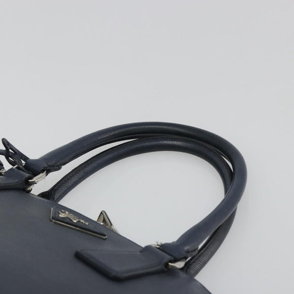 PRADA Hand Bag Safiano Leather 2way Navy Silver Auth 186429A