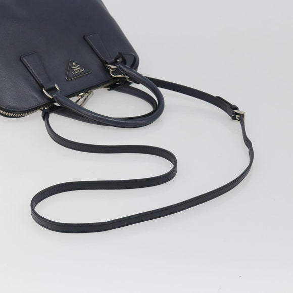 PRADA Hand Bag Safiano Leather 2way Navy Silver Auth 186429A