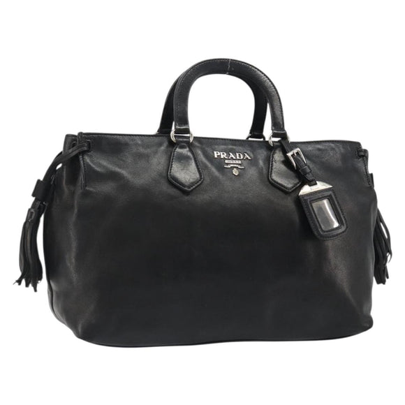 PRADA Hand Bag Leather Black Silver Auth 186430A