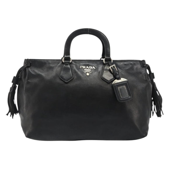 PRADA Hand Bag Leather Black Silver Auth 186430A