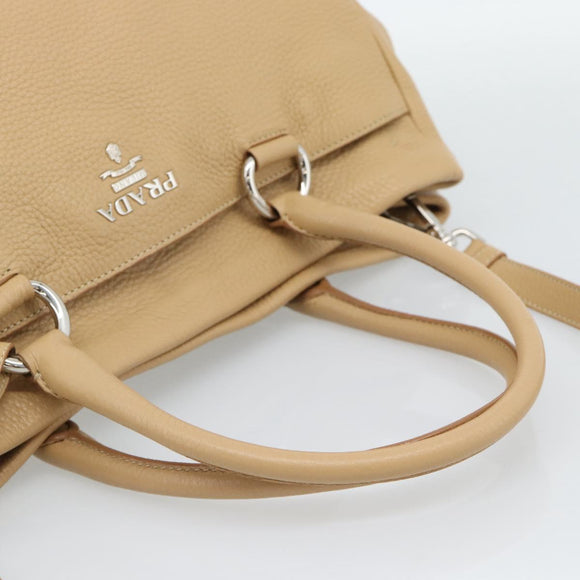 PRADA Hand Bag Vittero Dino Leather 2way Beige Silver Auth 186431V